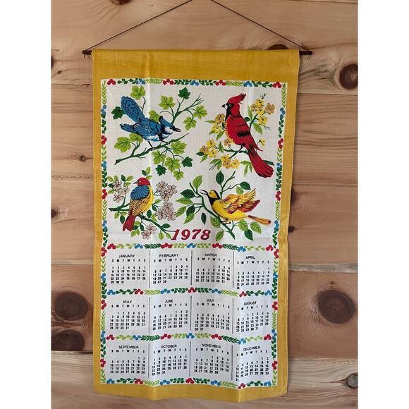 Beautiful Vintage Linen Tea Towel/Wall Hanger.Kitchen.Calendar.1978.Birds.bright - Picture 1 of 4